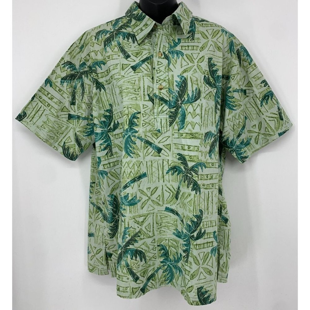 Ono Company Men Hawaiian Shirt Large Green Palm Tree Short Sleeve Aloha Vintage